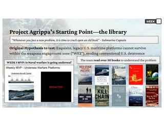 Project Agrippa’s Starting Point—the library
Original Hypothesis to test: Exquisite, legacy U.S. maritime platforms cannot survive
within the weapons engagement zone (“WEZ”), eroding conventional U.S. deterrence
WEEK 1 MVP: Is Naval warfare is going undersea?
1
“Whenever you face a new problem, it is time to crack open an old book” - Submarine Captain
The team read over 50 books to understand the problem
 
