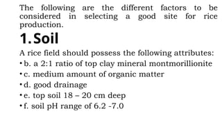 The following are the different factors to be
considered in selecting a good site for rice
production.
1.Soil
A rice field should possess the following attributes:
• b. a 2:1 ratio of top clay mineral montmorillionite
• c. medium amount of organic matter
• d. good drainage
• e. top soil 18 – 20 cm deep
• f. soil pH range of 6.2 -7.0
 