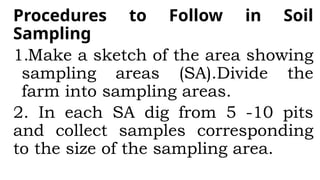 Procedures to Follow in Soil
Sampling
1.Make a sketch of the area showing
sampling areas (SA).Divide the
farm into sampling areas.
2. In each SA dig from 5 -10 pits
and collect samples corresponding
to the size of the sampling area.
 