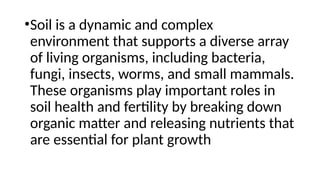 •Soil is a dynamic and complex
environment that supports a diverse array
of living organisms, including bacteria,
fungi, insects, worms, and small mammals.
These organisms play important roles in
soil health and fertility by breaking down
organic matter and releasing nutrients that
are essential for plant growth
 