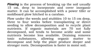 Plowing is the process of breaking up the soil usually
15 cm. deep to incorporate and cover inorganic
matter. It can be accomplished with a power tiller or
moldboard plow hitched to a carabao.
Plow under the weeds and stubbles 10 to 15 cm deep,
three to four weeks before transplanting or direct
seeding to allow decomposition and to recycle plant
nutrients. If organic materials are 70 not fully
decomposed, soil tends to become acidic and some
nutrients become less available. Draining removes
toxic substances, allowing organic matter to
decompose and help the plant produce deeper and
stronger roots. Decomposition is faster in moist soil.
 