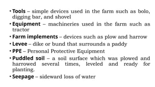 • Tools – simple devices used in the farm such as bolo,
digging bar, and shovel
• Equipment – machineries used in the farm such as
tractor
• Farm implements – devices such as plow and harrow
• Levee – dike or bund that surrounds a paddy
• PPE – Personal Protective Equipment
• Puddled soil – a soil surface which was plowed and
harrowed several times, leveled and ready for
planting.
• Seepage – sideward loss of water
 