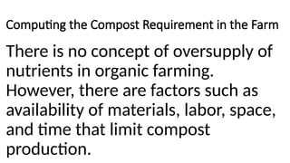 Computing the Compost Requirement in the Farm
There is no concept of oversupply of
nutrients in organic farming.
However, there are factors such as
availability of materials, labor, space,
and time that limit compost
production.
 