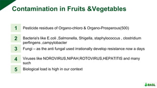 Contamination in Fruits &Vegetables
1 Pesticide residues of Organo-chloro & Organo-Prosperous(500)
2 Bacteria's like E.coli ,Salmonella, Shigella, staphylococcus , clostridium
perfingens ,campylobacter
3 Fungi – as the anti fungal used irrationally develop resistance now a days
4 Viruses like NOROVIRUS,NIPAH,ROTOVIRUS,HEPATITIS and many
such
5 Biological load is high in our context
 