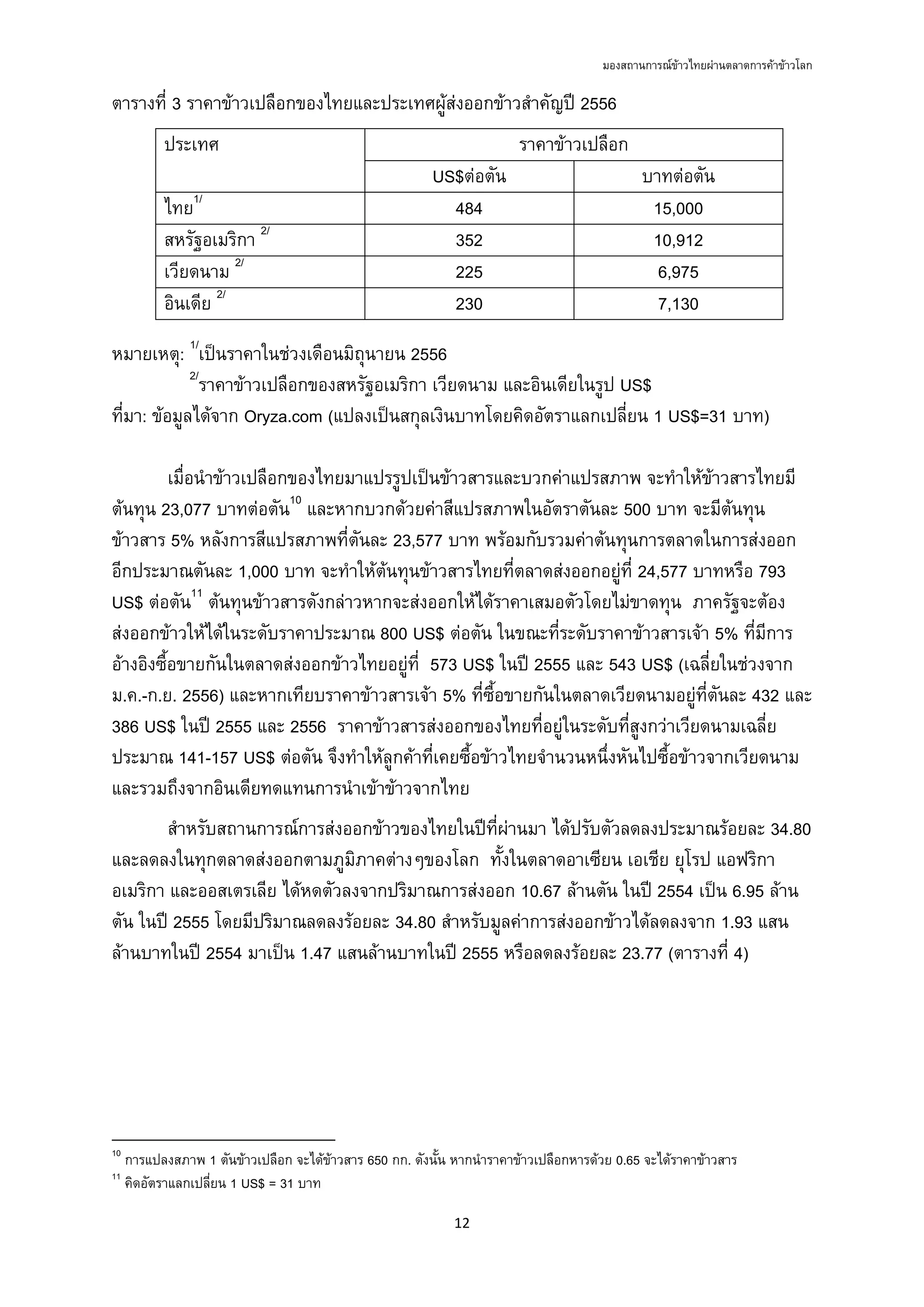 มองสถานการณขาวไทยผานตลาดการคาขาวโลก
12 
 
ตารางที่ 3 ราคาขาวเปลือกของไทยและประเทศผูสงออกขาวสําคัญป 2556
ประเทศ ราคาขาวเปลือก
US$ตอตัน บาทตอตัน
ไทย1/
484 15,000
สหรัฐอเมริกา 2/
352 10,912
เวียดนาม 2/
225 6,975
อินเดีย 2/
230 7,130
หมายเหตุ: 1/
เปนราคาในชวงเดือนมิถุนายน 2556
2/
ราคาขาวเปลือกของสหรัฐอเมริกา เวียดนาม และอินเดียในรูป US$
ที่มา: ขอมูลไดจาก Oryza.com (แปลงเปนสกุลเงินบาทโดยคิดอัตราแลกเปลี่ยน 1 US$=31 บาท)
เมื่อนําขาวเปลือกของไทยมาแปรรูปเปนขาวสารและบวกคาแปรสภาพ จะทําใหขาวสารไทยมี
ตนทุน 23,077 บาทตอตัน10
และหากบวกดวยคาสีแปรสภาพในอัตราตันละ 500 บาท จะมีตนทุน
ขาวสาร 5% หลังการสีแปรสภาพที่ตันละ 23,577 บาท พรอมกับรวมคาตนทุนการตลาดในการสงออก
อีกประมาณตันละ 1,000 บาท จะทําใหตนทุนขาวสารไทยที่ตลาดสงออกอยูที่ 24,577 บาทหรือ 793
US$ ตอตัน11
ตนทุนขาวสารดังกลาวหากจะสงออกใหไดราคาเสมอตัวโดยไมขาดทุน ภาครัฐจะตอง
สงออกขาวใหไดในระดับราคาประมาณ 800 US$ ตอตัน ในขณะที่ระดับราคาขาวสารเจา 5% ที่มีการ
อางอิงซื้อขายกันในตลาดสงออกขาวไทยอยูที่ 573 US$ ในป 2555 และ 543 US$ (เฉลี่ยในชวงจาก
ม.ค.-ก.ย. 2556) และหากเทียบราคาขาวสารเจา 5% ที่ซื้อขายกันในตลาดเวียดนามอยูที่ตันละ 432 และ
386 US$ ในป 2555 และ 2556 ราคาขาวสารสงออกของไทยที่อยูในระดับที่สูงกวาเวียดนามเฉลี่ย
ประมาณ 141-157 US$ ตอตัน จึงทําใหลูกคาที่เคยซื้อขาวไทยจํานวนหนึ่งหันไปซื้อขาวจากเวียดนาม
และรวมถึงจากอินเดียทดแทนการนําเขาขาวจากไทย
สําหรับสถานการณการสงออกขาวของไทยในปที่ผานมา ไดปรับตัวลดลงประมาณรอยละ 34.80
และลดลงในทุกตลาดสงออกตามภูมิภาคตางๆของโลก ทั้งในตลาดอาเซียน เอเชีย ยุโรป แอฟริกา
อเมริกา และออสเตรเลีย ไดหดตัวลงจากปริมาณการสงออก 10.67 ลานตัน ในป 2554 เปน 6.95 ลาน
ตัน ในป 2555 โดยมีปริมาณลดลงรอยละ 34.80 สําหรับมูลคาการสงออกขาวไดลดลงจาก 1.93 แสน
ลานบาทในป 2554 มาเปน 1.47 แสนลานบาทในป 2555 หรือลดลงรอยละ 23.77 (ตารางที่ 4)
                                                            
10
การแปลงสภาพ 1 ตันขาวเปลือก จะไดขาวสาร 650 กก. ดังนั้น หากนําราคาขาวเปลือกหารดวย 0.65 จะไดราคาขาวสาร
11
คิดอัตราแลกเปลี่ยน 1 US$ = 31 บาท
 