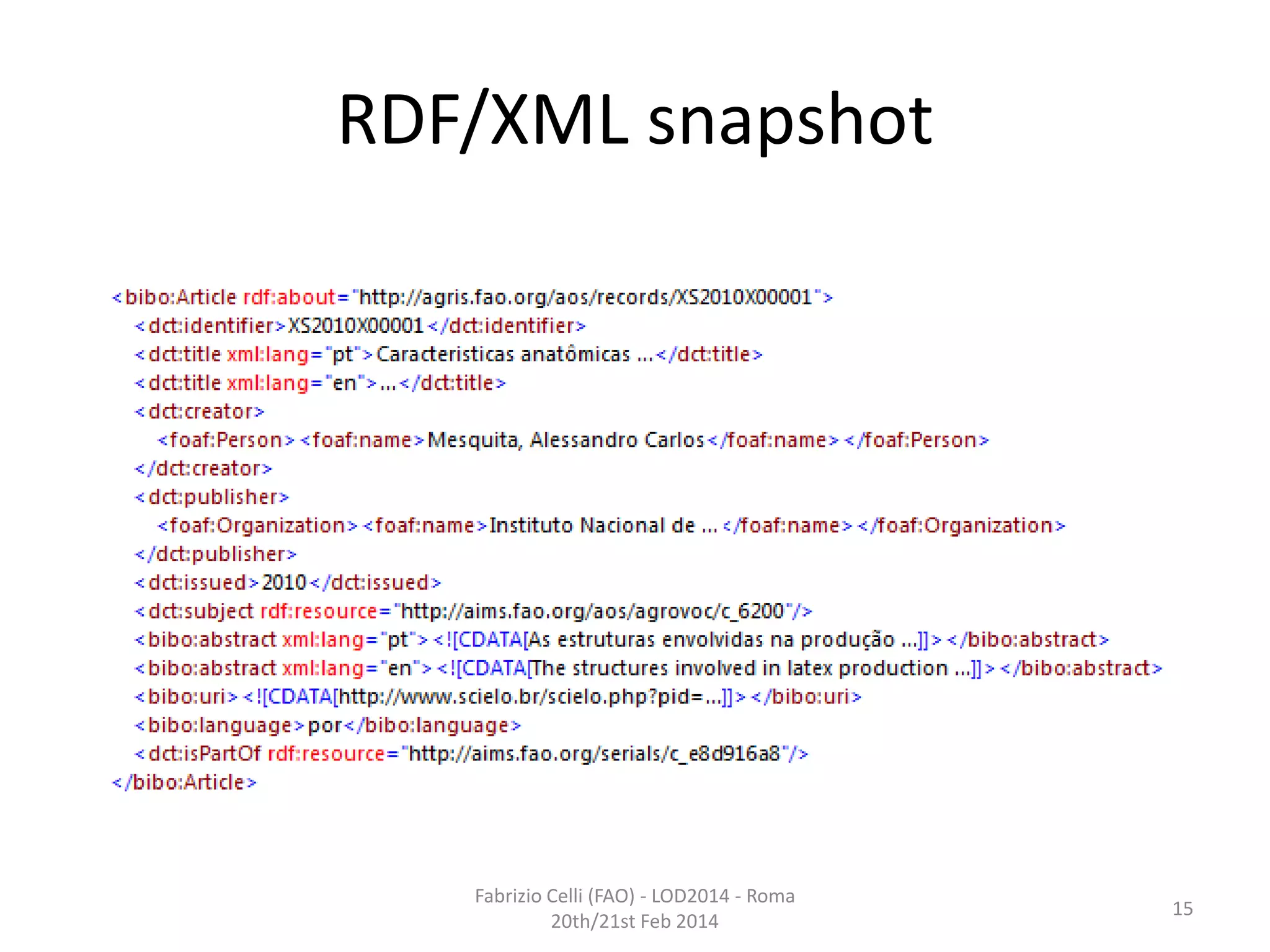 RDF/XML snapshot

Fabrizio Celli (FAO) - LOD2014 - Roma
20th/21st Feb 2014

15

 