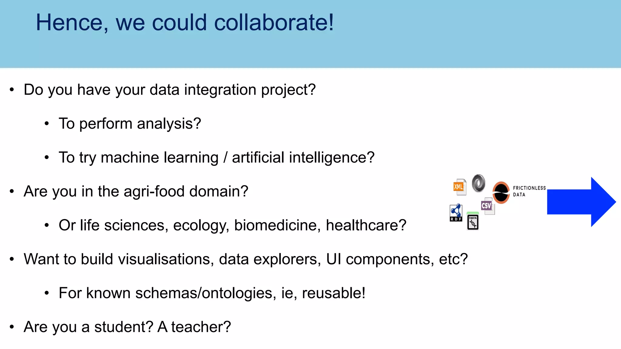Hence, we could collaborate!
• Do you have your data integration project?
• To perform analysis?
• To try machine learning / artificial intelligence?
• Are you in the agri-food domain?
• Or life sciences, ecology, biomedicine, healthcare?
• Want to build visualisations, data explorers, UI components, etc?
• For known schemas/ontologies, ie, reusable!
• Are you a student? A teacher?
 
