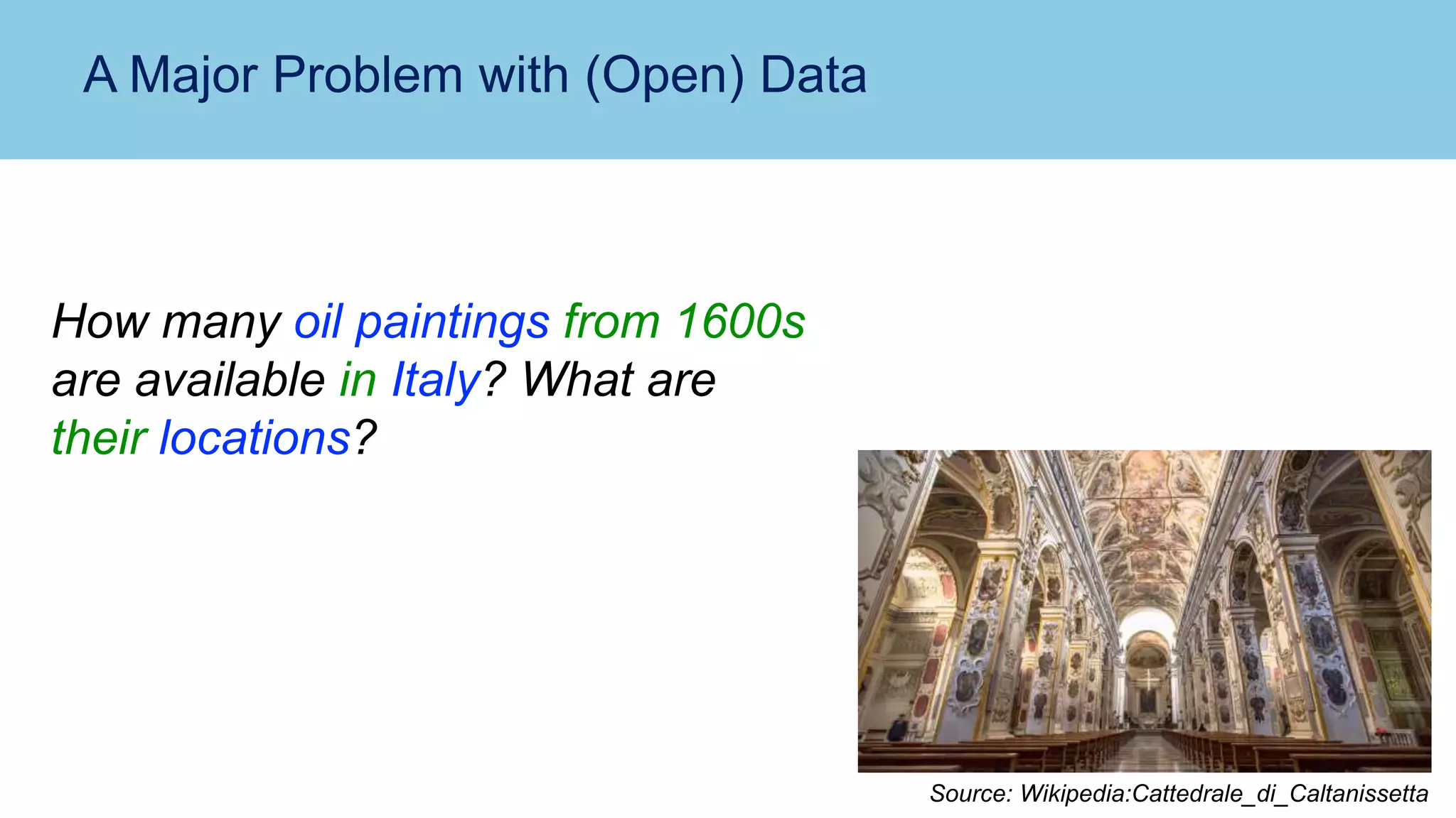 A Major Problem with (Open) Data
How many oil paintings from 1600s
are available in Italy? What are
their locations?
Source: Wikipedia:Cattedrale_di_Caltanissetta
 