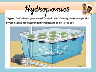 Hydroponics
Oxygen. Don’t drown your plants! In traditional farming, roots can get the
oxygen needed for respiration from pockets of air in the soil.
 