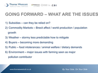 By Your Side. On Your Sidewww.thomaswestcott.co.uk
GOING FORWARD – WHAT ARE THE ISSUES
1) Subsidies – can they be relied on?
2) Commodity Markets – Brexit affect / world production / population
growth
3) Weather – stormy less predictable how to mitigate
4) Buyers – becoming more demanding
5) Public – food intolerances / animal welfare / dietary demands
6) Environment – major issues with farming seen as major
pollution contributor
 