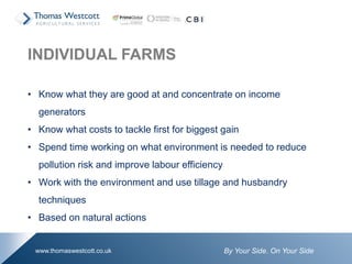By Your Side. On Your Sidewww.thomaswestcott.co.uk
INDIVIDUAL FARMS
• Know what they are good at and concentrate on income
generators
• Know what costs to tackle first for biggest gain
• Spend time working on what environment is needed to reduce
pollution risk and improve labour efficiency
• Work with the environment and use tillage and husbandry
techniques
• Based on natural actions
 