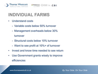 By Your Side. On Your Sidewww.thomaswestcott.co.uk
INDIVIDUAL FARMS
• Understand costs
- Variable costs below 50% turnover
- Management overheads below 30%
turnover
- Structural costs below 10% turnover
- Want to see profit at 10%+ of turnover
• Invest and know time needed to see return
• Use Government grants wisely to improve
efficiencies
 