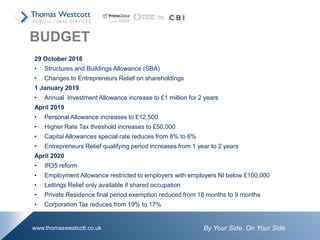 By Your Side. On Your Sidewww.thomaswestcott.co.uk
29 October 2018
• Structures and Buildings Allowance (SBA)
• Changes to Entrepreneurs Relief on shareholdings
1 January 2019
• Annual Investment Allowance increase to £1 million for 2 years
April 2019
• Personal Allowance increases to £12,500
• Higher Rate Tax threshold increases to £50,000
• Capital Allowances special rate reduces from 8% to 6%
• Entrepreneurs Relief qualifying period increases from 1 year to 2 years
April 2020
• IR35 reform
• Employment Allowance restricted to employers with employers NI below £100,000
• Lettings Relief only available if shared occupation
• Private Residence final period exemption reduced from 18 months to 9 months
• Corporation Tax reduces from 19% to 17%
BUDGET
 