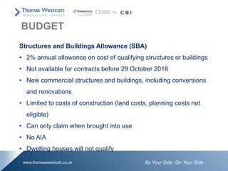 By Your Side. On Your Sidewww.thomaswestcott.co.uk
Structures and Buildings Allowance (SBA)
• 2% annual allowance on cost of qualifying structures or buildings
• Not available for contracts before 29 October 2018
• New commercial structures and buildings, including conversions
and renovations
• Limited to costs of construction (land costs, planning costs not
eligible)
• Can only claim when brought into use
• No AIA
• Dwelling houses will not qualify
BUDGET
 