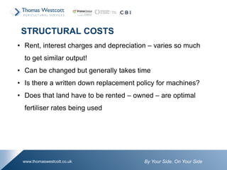 By Your Side. On Your Sidewww.thomaswestcott.co.uk
• Rent, interest charges and depreciation – varies so much
to get similar output!
• Can be changed but generally takes time
• Is there a written down replacement policy for machines?
• Does that land have to be rented – owned – are optimal
fertiliser rates being used
STRUCTURAL COSTS
 