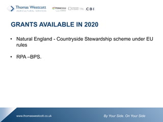 By Your Side. On Your Sidewww.thomaswestcott.co.uk
GRANTS AVAILABLE IN 2020
• Natural England - Countryside Stewardship scheme under EU
rules
• RPA –BPS.
 
