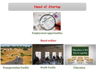 Need of Startup
Employment opportunities
Rural welfare
Transportation Facility Health Facility Education
 