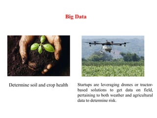 Startups are leveraging drones or tractor-
based solutions to get data on field,
pertaining to both weather and agricultural
data to determine risk.
Determine soil and crop health
Big Data
 
