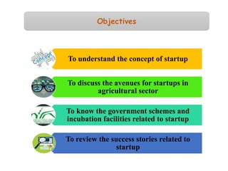 To understand the concept of startup
To discuss the avenues for startups in
agricultural sector
To know the government schemes and
incubation facilities related to startup
To review the success stories related to
startup
Objectives
 
