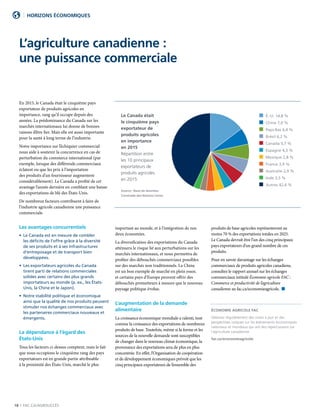 18 | FAC.CA/AGRISUCCÈS
En 2015, le Canada était le cinquième pays
exportateur de produits agricoles en
importance, rang qu’il occupe depuis des
années. La prédominance du Canada sur les
marchés internationaux lui donne de bonnes
raisons d’être fier. Mais elle est aussi importante
pour la santé à long terme de l’industrie.
Notre importance sur l’échiquier commercial
nous aide à soutenir la concurrence en cas de
perturbation du commerce international (par
exemple, lorsque des différends commerciaux
éclatent ou que les prix à l’importation
des produits d’un fournisseur augmentent
considérablement). Le Canada a profité de cet
avantage l’année dernière en comblant une baisse
des exportations de blé des États-Unis.
De nombreux facteurs contribuent à faire de
l’industrie agricole canadienne une puissance
commerciale.
Les avantages concurrentiels
• Le Canada est en mesure de combler
les déficits de l’offre grâce à la diversité
de ses produits et à ses infrastructures
d’entreposage et de transport bien
développées.
• Les exportateurs agricoles du Canada
tirent parti de relations commerciales
solides avec certains des plus grands
importateurs au monde (p. ex., les États-
Unis, la Chine et le Japon).
• Notre stabilité politique et économique
ainsi que la qualité de nos produits peuvent
stimuler nos échanges commerciaux avec
les partenaires commerciaux nouveaux et
émergents.
La dépendance à l’égard des
États-Unis
Tous les facteurs ci-dessus comptent, mais le fait
que nous occupions le cinquième rang des pays
exportateurs est en grande partie attribuable
à la proximité des États-Unis, marché le plus
important au monde, et à l’intégration de nos
deux économies.
La diversification des exportations du Canada
atténuera le risque lié aux perturbations sur les
marchés internationaux, et nous permettra de
profiter des débouchés commerciaux possibles
sur des marchés non traditionnels. La Chine
est un bon exemple de marché en plein essor,
et certains pays d’Europe peuvent offrir des
débouchés prometteurs à mesure que le nouveau
paysage politique évolue.
L’augmentation de la demande
alimentaire
La croissance économique mondiale a ralenti, tout
comme la croissance des exportations de nombreux
produits de base. Toutefois, même si la forme et les
sources de la nouvelle demande sont susceptibles
de changer dans le nouveau climat économique, la
provenance des exportations sera de plus en plus
concentrée. En effet, l’Organisation de coopération
et de développement économiques prévoit que les
cinq principaux exportateurs de l’ensemble des
produits de base agricoles représenteront au
moins 70 % des exportations totales en 2025.
Le Canada devrait être l’un des cinq principaux
pays exportateurs d’un grand nombre de ces
produits.
Pour en savoir davantage sur les échanges
commerciaux de produits agricoles canadiens,
consultez le rapport annuel sur les échanges
commerciaux intitulé Économie agricole FAC :
Commerce et productivité de l’agriculture
canadienne au fac.ca/economieagricole. n
ÉCONOMIE AGRICOLE FAC
Obtenez régulièrement des mises à jour et des
perspectives uniques sur les événements économiques
nationaux et mondiaux qui ont des répercussions sur
l’agriculture canadienne.
fac.ca/economieagricole
HORIZONS ÉCONOMIQUES
L’agriculture canadienne :
une puissance commerciale
Le Canada était
le cinquième pays
exportateur de
produits agricoles
en importance
en 2015
Répartition entre
les 10 principaux
exportateurs de
produits agricoles
en 2015
Source : Base de données
Comtrade des Nations Unies
figure 1 figufigure 5
	 É.-U. 14,8 %
	 Chine 7,0 %
	 Pays-Bas 6,4 %
	 Brésil 6,2 %
	 Canada 5,7 %
	 Espagne 4,3 %
	 Mexique 2,8 %
	 France 3,9 %
	 Australie 2,9 %
	 Inde 3,5 %
	 Autres 42,6 %
 