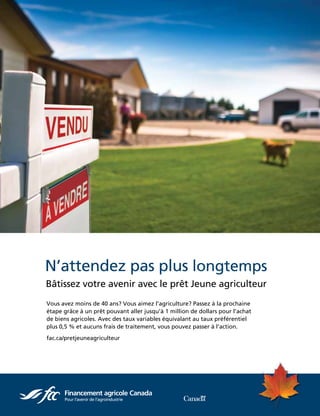 MARS 2017  |  7
Vous avez moins de 40 ans? Vous aimez l’agriculture? Passez à la prochaine
étape grâce à un prêt pouvant aller jusqu’à 1 million de dollars pour l’achat
de biens agricoles. Avec des taux variables équivalant au taux préférentiel
plus 0,5 % et aucuns frais de traitement, vous pouvez passer à l’action.
fac.ca/pretjeuneagriculteur
N’attendez pas plus longtemps
Bâtissez votre avenir avec le prêt Jeune agriculteur
MARCH / APRIL  |  7
 