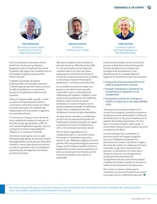 NOVEMBRE 2017  |  17
DEMANDEZ À UN EXPERT
KIM GERENCSER
Planificateur financier agréé
Growing Farm Profits Inc.
Regina (Saskatchewan)
Oui! La constitution en personne morale
devrait être une décision qui dépasse
largement le cadre de la planification fiscale.
En général, elle suppose une mentalité axée sur
des pratiques de gestion poussées et des
attentes de profit.
L’adoption de pratiques de gestion
professionnelles est parfois plus lente dans
l’industrie agricole que dans d’autres secteurs.
En effet, les producteurs se concentrent
souvent sur l’exploitation au détriment de
la gestion.
Pensez à n’importe quelle « grande » société :
les cadres et la haute direction veillent à
concrétiser la vision de la société, surveillent
aussi bien les progrès et le rendement des
employés que ceux de la société, et apportent
des correctifs au besoin.
Ces mesures ne visent pas à créer du travail,
mais à satisfaire les attentes de croissance et
de profit. En tant que président ou PDG de
votre société d’exploitation agricole, vous avez
exactement les mêmes responsabilités et
obligations : la croissance et le profit.
Si les fermes étaient gérées avec un esprit
d’entreprise plus affirmé, les décisions seraient
davantage fondées sur des données financières
actuelles et exactes, plus de pouvoirs seraient
accordés aux personnes clés, et les dirigeants
passeraient plus de temps dans leur bureau
que dans les champs.
MAURICE DOYON
Économiste
Université Laval, Québec
Mon père a constitué sa ferme laitière en
personne morale au début des années 1980,
et c’est l’une des pires erreurs de gestion
commises dans sa vie. Pour une raison
quelconque, la constitution des fermes en
sociétés par actions était préconisée au Québec
à cette époque, mais pour beaucoup de
producteurs, ce n’était pas une bonne idée.
La constitution en personne morale est à
propos si votre ferme atteint une taille
raisonnable et que la société dispose de
suffisamment de liquidités. Toutefois, si vous
retirez la plus grande partie ou la totalité des
bénéfices comme retraits ou comme
dividendes, l’économie d’impôt se trouve
presque entièrement annulée. Parallèlement,
chaque année, la préparation de votre
déclaration de revenus est plus dispendieuse.
Un autre facteur à prendre en considération
est qu’il n’est pas aussi facile de profiter de
l’exonération cumulative des gains en capital
au moment de la vente de l’exploitation si
celle-ci est constituée en personne morale.
Plus les fermes s’agrandissent et se
complexifient, plus il y a de bonnes raisons
d’envisager la constitution en personne
morale. Certes, différentes catégories d’actions
peuvent offrir une grande marge de manœuvre
lorsque vient le temps de transférer la ferme à
la génération suivante, mais la constitution en
personne morale peut avoir lieu plus près du
moment du transfert si cette option est
souhaitable.
TERRY BETKER
Conseiller en gestion
Backswath Management
Winnipeg (Manitoba)
La décision de constituer ou non une ferme en
personne morale devrait être motivée par des
facteurs opérationnels et en fonction des
avantages et des inconvénients. Je sais
d’expérience que les avantages dépassent
largement les inconvénients dans trois situations :
• lorsque les droits de propriété seront
cédés à la génération suivante;
• lorsque l’entreprise a commencé ou
commencera à s’agrandir et à se
complexifier;
• lorsque les activités de l’entreprise
créent un risque accru de responsabilité
civile.
Assurément, les économies d’impôt sur le
revenu d’une entreprise constituée en personne
morale peuvent être substantielles. La réduction
du fardeau fiscal est une priorité absolue pour la
majorité des familles d’agriculteurs. De cette
façon, il reste plus d’argent « après impôt » à
investir dans l’entreprise pour acquérir des actifs
et rembourser les dettes.
L’un des avantages de la constitution en
personne morale est la rigueur de gestion
associée à l’obligation de présenter des
déclarations de revenus et des bilans à l’Agence
du revenu du Canada. Les exploitants de fermes
constituées en personnes morales doivent
présenter ces déclarations à la même date à
chaque fin d’exercice. Les renseignements
annuels présentés deviennent des
renseignements de base pouvant être analysés
et utilisés afin d’aider à orienter les décisions en
matière d’investissement et de financement.
Pour toutes ces raisons, je pense que la
constitution en personne morale est une option
à envisager pour les exploitations agricoles.  n
De saines pratiques de gestion consistent à discuter avec votre partenaire, votre expert ou votre comptable des options possibles
selon vos activités courantes et l’environnement commercial.
 