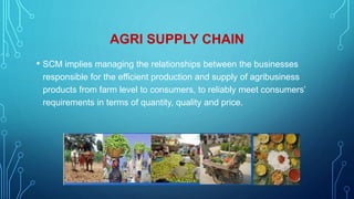 AGRI SUPPLY CHAIN
• SCM implies managing the relationships between the businesses
responsible for the efficient production and supply of agribusiness
products from farm level to consumers, to reliably meet consumers’
requirements in terms of quantity, quality and price.
 
