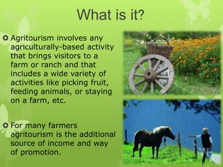 What is it?
 Agritourism involves any
agriculturally-based activity
that brings visitors to a
farm or ranch and that
includes a wide variety of
activities like picking fruit,
feeding animals, or staying
on a farm, etc.
 For many farmers
agritourism is the additional
source of income and way
of promotion.
 