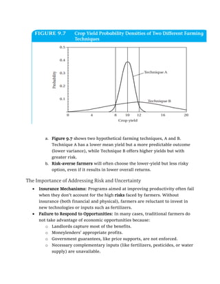 a. Figure 9.7 shows two hypothetical farming techniques, A and B.
Technique A has a lower mean yield but a more predictable outcome
(lower variance), while Technique B offers higher yields but with
greater risk.
b. Risk-averse farmers will often choose the lower-yield but less risky
option, even if it results in lower overall returns.
The Importance of Addressing Risk and Uncertainty
• Insurance Mechanisms: Programs aimed at improving productivity often fail
when they don't account for the high risks faced by farmers. Without
insurance (both financial and physical), farmers are reluctant to invest in
new technologies or inputs such as fertilizers.
• Failure to Respond to Opportunities: In many cases, traditional farmers do
not take advantage of economic opportunities because:
o Landlords capture most of the benefits.
o Moneylenders' appropriate profits.
o Government guarantees, like price supports, are not enforced.
o Necessary complementary inputs (like fertilizers, pesticides, or water
supply) are unavailable.
 