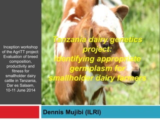 Tanzania dairy genetics
project:
Identifying appropriate
germplasm for
smallholder dairy farmers
Dennis Mujibi (ILRI)
Inception workshop
of the AgriTT project:
Evaluation of breed
composition,
productivity and
fitness for
smallholder dairy
cattle in Tanzania,
Dar es Salaam,
10-11 June 2014
 