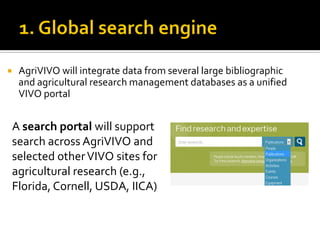    AgriVIVO will integrate data from several large bibliographic
    and agricultural research management databases as a unified
    VIVO portal


A search portal will support
search across AgriVIVO and
selected other VIVO sites for
agricultural research
(e.g., Florida, Cornell, USDA,
IICA)
 