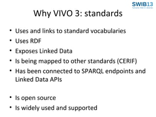 Why VIVO 3: standards
•
•
•
•
•

Uses and links to standard vocabularies
Uses RDF
Exposes Linked Data
Is being mapped to other standards (CERIF)
Has been connected to SPARQL endpoints and
Linked Data APIs

• Is open source
• Is widely used and supported

 