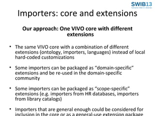 Importers: core and extensions
Our approach: One VIVO core with different
extensions
• The same VIVO core with a combination of different
extensions (ontology, importers, languages) instead of local
hard-coded customizations
• Some importers can be packaged as “domain-specific”
extensions and be re-used in the domain-specific
community
• Some importers can be packaged as “scope-specific”
extensions (e.g. importers from HR databases, importers
from library catalogs)
• Importers that are general enough could be considered for

 