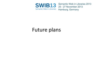 Semantic Web in Libraries 2013
25 - 27 November 2013
Hamburg, Germany

Future plans

 