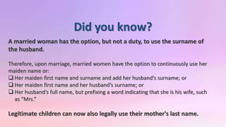 WHAT IS R.A. 9710?
Known as Magna Carta for Women
Comprehensive Women’s Human Rights Law
Seeks to eliminate discriminat...