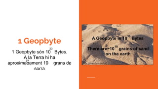 1 Geopbyte
1 Geopbyte són 10 Bytes.
A la Terra hi ha
aproximadament 10 grans de
sorra
 