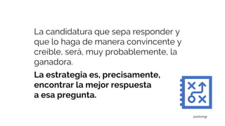 La candidatura que sepa responder y
que lo haga de manera convincente y
creíble, será, muy probablemente, la
ganadora.
La estrategia es, precisamente,
encontrar la mejor respuesta
a esa pregunta.
@antonigr
 