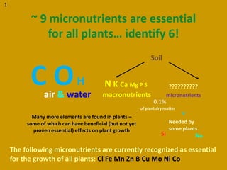 1

          ~ 9 micronutrients are essential
              for all plants… identify 6!
                                                               Soil


          C OH  air & water
                                         N K Ca Mg P S
                                        macronutrients
                                                                           ??????????
                                                                          micronutrients
                                                                 0.1%
                                                          of plant dry matter
                                                                                V
           Many more elements are found in plants –
         some of which can have beneficial (but not yet                    Needed by
           proven essential) effects on plant growth                       some plants
                                                                     Si              Na

    The following micronutrients are currently recognized as essential
    for the growth of all plants: Cl Fe Mn Zn B Cu Mo Ni Co
 