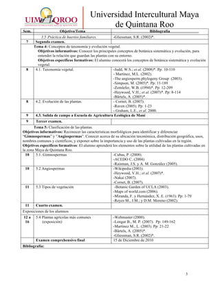 3
Universidad Intercultural Maya
de Quintana Roo
Sem. Objetivo/Tema Bibliografía
3.5 Práctica de huertos familiares. -Gliessman, S.R. (2002)*.
7 Segundo examen.
Tema 4: Conceptos de taxonomía y evolución vegetal.
Objetivos informativos: Conocer los principales conceptos de botánica sistemática y evolución, para
entender la relación que guardan las plantas con su entorno.
Objetivos específicos formativos: El alumno conocerá los conceptos de botánica sistemática y evolución
vegetal.
8 4.1. Taxonomía vegetal. -Judd, W.S.; et al. (2008)*. Pp: 10-110
- Martínez, M.L. (2002).
-The angiosperm phylogeny Group (2003).
-Simpson, M. (2005)*. Pp: 11-189
-Zomlefer, W.B. (1994)*. Pp: 12-209
-Heywood, V.H.; et al. (2007)*. Pp: 8-114
-Bärtels, A. (2005)*.
8 4.2. Evolución de las plantas. - Cornet, B. (2007).
-Raven (2005). Pp: 1-23
- Graham, L.E., et al. 2000.
9 4.3. Salida de campo a Escuela de Agricultura Ecológica de Maní
9 Tercer examen.
Tema 5: Clasificación de las plantas.
Objetivos informativos: Reconocer las características morfológicos para identificar y diferenciar
“Gimnospermas” y “Angiospermas”. Conocer acerca de su ubicación taxonómica, distribución geográfica, usos,
nombres comunes y científicos; y exponer sobre la importancia y uso de las plantas cultivadas en la región.
Objetivos específicos formativos: El alumno aprenderá los elementos sobre la utilidad de las plantas cultivadas en
la zona Maya de Quintana Roo.
10 5.1. Gimnospermas -Cubas, P. (2008).
-ACEDO C. (2004)
-Raisman, J.S. y A. M. González (2005).
10 5.2 Angiospermas -Wikipedia (2003).
-Heywood, V.H.; et al. (2007)*.
-Nakai (2007).
-Cornet, B. (2007).
11 5.3 Tipos de vegetación -Botanic Garden of UCLA (2003).
-Maps of world.com (2006).
-Miranda, F. y Hernández, X. E. (1963). Pp: 1-79
-Reyes M., J.M.; y D.M. Moreno (2002).
11 Cuarto examen.
Exposiciones de los alumnos
12 a
16
5.4 Plantas agrícolas más comunes
(exposición)
-Webmaster (2000).
-Longar B., M. P. (2007). Pp: 149-162
-Martínez M., L. (2003). Pp: 21-22
-Bärtels, A. (2005)*.
-Gliessman, S.R. (2002)*.
Examen comprehensivo final 15 de Diciembre de 2010
Bibliografía:
 