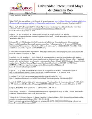 7
Universidad Intercultural Maya
de Quintana Roo
Sem. Objetivo/Tema Bibliografía
Xalapa, Veracruz, México. 300 p.
Nakai (2007). Un paso adelante en la filogenia de las angiospermas. http://valdeperrillos.com/books/acta-biologica-
alboranensis/2-noticias/paso-adelante-en-filogenia-las-angiospermas Fecha de consulta: 18 de junio de 2009
Ospina A., A. 2004. Propuesta de Metodología Agroforestal para Caracterizar el Huerto familiar tropical del
continente americano. www.ecovivero.org/agroforestalcaracterizaciondelhuerto.pdf
Fecha de consulta: 5 de enero de 2009
Pagán J., J. R. y R. Rodríguez. R. (2003). Sobre el origen de la agricultura en Las Antillas
Actas del XXI Congreso Internacional de Arqueología del Caribe, Trinidad. Basil Reid (ed.), University of the
West Indies. Págs: 1-12
Raisman, J.S. y A. M. González (2005). Hipertextos de la Biología. Diversidad vegetal: Gimnospermas.
http://www.biologia.edu.ar/diversidadv/gimnospermas.htm Fecha de consulta: 18 de junio de 2009 [Buscar
también como “Gimnospermas - Hipertextos del Área de la Biología” o “HIPERTEXTOS DEL ÁREA DE LA
BIOLOGÍA. Diversidad Vegetal: GIMNOSPERMAS”]
Raven (2005). Evolution of the angiosperms. http://www.whfreeman.com/college/pdfs/raven7e/ravench20.pdf
Fecha de consulta: 30 de julio de 2009
Rendón A., B.; y S. Rebollar D. (2001). Síntesis de la mesa redonda el papel de la etnobotánica y la botánica
económica en la conservación, uso y manejo de la biodiversidad en el siglo XXI. En: Plantas, cultura y sociedad;
estudio sobre la relación entre seres humanos y plantas en los albores del siglo XXI (Editado por: Beatriz Rendón
Aguilar, Javier Caballero Nieto, y Miguel Ángel Martínez Alfaro, Eds.), pp: 311-317. UNAM, UAM,
SEMARNAT, México. http://www.ine.gob.mx/publicaciones/libros/532/cap3.pdf
Fecha de consulta: 23 de mayo de 2009
Reyes M., J.M.; y D.M. Moreno (2002). El futuro de la vegetación de México. Elementos 47(9):45-50
http://www.elementos.buap.mx/num47/htm/45.htm Fecha de consulta: 18 de junio de 2009
Rico-Gray, V. (1992). Los mayas y el manejo de las selvas. Ciencias 28:23-26
http://www.ejournal.unam.mx/cns/no28/CNS02804.pdf. Fecha de consulta: 5 de enero de 2009
Sans, F.X. (2007). La diversidad de los agroecosistemas. Versión en línea de “Agroesecosistemas”. ISSN: 1697-
2473. http://www.148.215.1.166:89/redalyc/pdf/540/54016106.pdf Fecha de consulta: 30 de julio de 2009
Simpson, M. (2005). Plant systematics. Academic Press, USA. 608 p.
Smith, Wang y Msanga s/f. Dormancy and Germination (Chapter 5). University of Natal, Durban, South Africa.
www.rngr.net/publications/ttsm/ch5/at_download/file -
Toledo, V.M.; N. Barrera-Bassols; E. García-Frapolli y P. Alarcón-Chaires. 2008. Uso múltiple y biodiversidad
entre los mayas yucatecos (México). 33 (5): 345-352. INCI.
http://www.scielo.org.ve/scielo.php?script=sci_arttext&pid=S0378-18442008000500007&lng=es&nrm=iso
Fecha de consulta: 23 de mayo de 2009
 