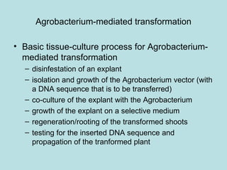 Agrobacterium-mediated transformation

• Basic tissue-culture process for Agrobacterium-
  mediated transformation
  – disinfestation of an explant
  – isolation and growth of the Agrobacterium vector (with
    a DNA sequence that is to be transferred)
  – co-culture of the explant with the Agrobacterium
  – growth of the explant on a selective medium
  – regeneration/rooting of the transformed shoots
  – testing for the inserted DNA sequence and
    propagation of the tranformed plant
 