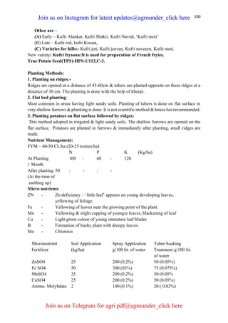 100
Other are –
(A) Early – Kufri Alankar, Kufri Shakti, Kufri Navtal, ‘Kufri moti’
(B) Late – Kufri red, kufri Kissan,
(C) Varieties for hills:- Kufri joti, Kufri jeevan, Kufri naveeen, Kufri moti.
New variety: Kufri frysona:It is used for preparation of French fryies.
True Potato Seed(TPS)-HPS-1/113,C-3.
Planting Methods:
1. Planting on ridges:-
Ridges are opened at a distance of 45-60cm & tubers are planted opposite on these ridges at a
distance of 30 cm. The planting is done with the help of khurpi.
2. Flat bed planting:
Most common in areas having light sandy soils. Planting of tubers is done on flat surface in
very shallow furrows & planking is done. It is not scientific method & hence hot recommended.
3. Planting potatoes on flat surface followed by ridges:
This method adopted in irrigated & light sandy soils. The shallow furrows are opened on the
flat surface. Potatoes are planted in furrows & immediately after planting, small ridges are
made.
Nutrient Management:
FYM – 40-50 CL/ha (20-25 tonnes/ha)
N P K (Kg/ha)
At Planting 100 : 60 : 120
1 Month
After planting 50 : - : -
(At the time of
earthing up)
Micro nutrients
ZN - Zn deficiency – ‘little leaf’ appears on young developing leaves,
yellowing of foliage.
Fe - Yellowing of leaves near the growing point of the plant.
Mn - Yellowing & slight cupping of younger leaves, blackening of leaf
Cu - Light green colour of young immature leaf blades
B - Formation of bushy plant with droopy leaves.
Mo - Chlorosis
Micronutrient
Fertilizer
Soil Application
(kg/ha)
Spray Application
g/100 lit. of water
Tuber Soaking
Treatment g/100 lit.
of water
ZnSO4 25 200 (0.2%) 50 (0.05%)
Fe SO4 50 300 (03%) 75 (0.075%)
MnSO4 25 200 (0.2%) 50 (0.05%
CuSO4 25 200 (0.2%) 50 (0.05%)
Ammo. Molybdate 2 100 (0.1%) 20 ( 0.02%)
Join us on Instagram for latest updates@agrounder_click here
Join us on Telegram for agri pdf@agrounder_click here
 
