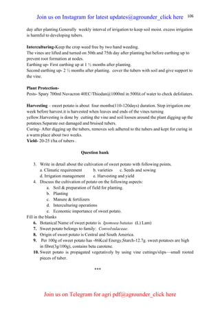 106
day after planting.Generally weekly interval of irrigation to keep soil moist. excess irrigation
is harmful to developing tubers.
Interculturing-Keep the crop weed free by two hand weeding.
The vines are lifted and turned on 50th and 75th day after planting but before earthing up to
prevent root formation at nodes.
Earthing up- First earthing up at 1 ½ months after planting.
Second earthing up- 2 ½ months after planting. cover the tubers with soil and give support to
the vine.
Plant Protection-
Pests- Spary 700ml Nuvacron 40EC/Thiodan@1000ml in 500lit.of water to check defoliaters.
Harvesting – sweet potato is about four months(110-120days) duration. Stop irrigation one
week before harvest.it is harvested when leaves and ends of the vines turning
yellow.Harvesting is done by cutting the vine and soil loosen around the plant digging up the
potatoes.Separate out damaged and bruised tubers.
Curing- After digging up the tubers, removes soli adhered to the tubers and kept for curing in
a warm place about two weeks.
Yield- 20-25 t/ha of tubers .
Question bank
3. Write in detail about the cultivation of sweet potato with following points.
a. Climatic requirement b. varieties c. Seeds and sowing
d. Irrigation management e. Harvesting and yield
4. Discuss the cultivation of potato on the following aspects:
a. Soil & preparation of field for planting.
b. Planting
c. Manure & fertilizers
d. Interculturing operations
e. Economic importance of sweet potato.
Fill in the blanks
6. Botanical Name of sweet potato is Ipomoea batatas (L) Lam)
7. Sweet potato belongs to family: Convolvulaceae.
8. Origin of sweet potato is Central and South America.
9. Per 100g of sweet potato has -86Kcal Energy,Starch-12.7g. sweet potatoes are high
in fibre(3g/100g), contains beta carotene.
10. Sweet potato is propagated vegetatively by using vine cuttings/slips—small rooted
pieces of tuber.
***
Join us on Instagram for latest updates@agrounder_click here
Join us on Telegram for agri pdf@agrounder_click here
 