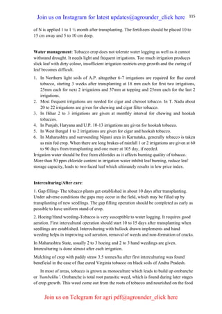 115
of N is applied 1 to 1 ½ month after transplanting. The fertilizers should be placed 10 to
15 cm away and 5 to 10 cm deep.
Water management: Tobacco crop does not tolerate water logging as well as it cannot
withstand drought. It needs light and frequent irrigations. Too much irrigation produces
slick leaf with dirty colour, insufficient irrigation restricts crop growth and the curing of
leaf becomes difficult.
1. In Northern light soils of A.P. altogether 6-7 irrigations are required for flue cured
tobacco, starting 3 weeks after transplanting at 18 mm each for first two irrigations,
25mm each for next 2 irrigations and 37mm at topping and 25mm each for the last 2
irrigations.
2. Most frequent irrigations are needed for cigar and cheroot tobacco. In T. Nadu about
20 to 22 irrigations are given for chewing and cigar filter tobacco.
3. In Bihar 2 to 3 irrigations are given at monthly interval for chewing and hookah
tobaccos.
4. In Punjab, Haryana and U.P. 10-13 irrigations are given for hookah tobacco.
5. In West Bengal 1 to 2 irrigations are given for cigar and hookah tobacco.
6. In Maharashtra and surrounding Nipani area in Karnataka, generally tobacco is taken
as rain fed crop. When there are long brakes of rainfall 1 or 2 irrigations are given at 60
to 90 days from transplanting and one more at 105 day, if needed.
Irrigation water should be free from chlorides as it affects burning quality of tobacco.
More than 50 ppm chloride content in irrigation water inhibit leaf burning, reduce leaf
storage capacity, leads to two faced leaf which ultimately results in low price index.
Interculturing/After care:
1. Gap filling- The tobacco plants get established in about 10 days after transplanting.
Under adverse conditions the gaps may occur in the field, which may be filled up by
transplanting of new seedlings. The gap filling operation should be completed as early as
possible to have uniform stand of crop.
2. Hoeing/Hand weeding-Tobacco is very susceptible to water logging. It requires good
aeration. First intercultural operation should start 10 to 15 days after transplanting when
seedlings are established. Interculturing with bullock drawn implements and hand
weeding helps in improving soil aeration, removal of weeds and non-formation of cracks.
In Maharashtra State, usually 2 to 3 hoeing and 2 to 3 hand weedings are given.
Interculturing is done almost after each irrigation.
Mulching of crop with paddy straw 3.5 tonnes/ha after first interculturing was found
beneficial in the case of flue cured Virginia tobacco on black soils of Andra Pradesh.
In most of areas, tobacco is grown as monoculture which leads to build up orobanche
or ‘bambekhu’. Orobanche is total root parasitic weed, which is found during later stages
of crop growth. This weed come out from the roots of tobacco and nourished on the food
Join us on Instagram for latest updates@agrounder_click here
Join us on Telegram for agri pdf@agrounder_click here
 
