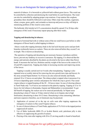 116
material of tobacco. It is brownish or yellowish herb without green leaves. This weed can
be controlled by collection and destroying the weed before its seed formation. The weed
can also be controlled by adopting proper crop rotations. Crop rotation like sorghum,
groundnut, there should be followed in such areas. Other crops like soybean, sugarcane,
wheat, cowpea, gram, garlic, and coriander as intercrop and jowar as relay will help in
minimizing problem of this weed to some extent.
The herbicide Allyl alcohol at 0.1% concentration should be spread 15 to 20 days after
emergence of this weed. If necessary repeat spraying after three weeks.
Topping and desuckering in tobacco:
Removal of terminal bud with or without some of the too small leaves just before or after
emergence of flower head is called topping in tobacco.
About a week after topping dormancy buds in the leaf axils become active and put forth
branches technically known as suckers. These are also removed before they exceed 5 cm
in length. This is known as desuckering.
The operation of topping and desuckering are necessary because it produces uniform
leaves, prevent any tendency to excessive coarseness. By topping, it is observed that the
energy and nutrients absorbed by the plants are diverted to the leaves rather than flower
heads. It increases the leaf size, thickness and dry weight of the leaves to the extent of 34,
24 and 84% respectively. Topping also helps in increasing nicotine and improving aroma
of the leaves.
Topping is usually carried out 6 to 8 weeks after transplanting. Topping is also
repeated twice at weekly interval for removing the new growth (new tops end leaves). In
the areas around Nipani bottom 3 to 4 leaves are also removed initially and finally
retained 10 to 12 leaves on each plant. The tobacco plant is topped when it possesses 8 to
24 leaves depending upon varieties and purpose for which the crop is grown. Flue cured
virgins tobacco is topped keeping all the 20 – 24 leaves intact. In case of chewing tobacco
in Tamil Nadu only 7 to 8 leaves are retained on the plant by topping. Topping at 12 to 16
leaves for bidi tobacco in Karnataka, Gujarat and Maharashtra is recommended. To get
full benefit of topping, the suckers are to be removed periodically. In Nipani areas
desuckering is done 67 times at 10 days interval where as in Gujarat, due to high
fertilization, desuckering is done 10-12 times. Desuckering is time consuming; laborious
and more expensive therefore, use of chemicals may be practiced.
1. Application of coconut oil to the top six axils soon after topping suppresses the
emergence of suckers in flue cured Virginia tobacco.
2. In case of cheroot tobacco of Tamil Nadu, application of 3% NAA to the topped portion
suppressed all suckers.
3. Use of Malic hydroxide (MH) 2% or In-dole Buteric acid, petroleum jelly is also
effective in suppressing the growth of suckers.
4. Piercing of the stem after topping with 20 to 25 cm long needle is found to beneficial.
Join us on Instagram for latest updates@agrounder_click here
Join us on Telegram for agri pdf@agrounder_click here
 