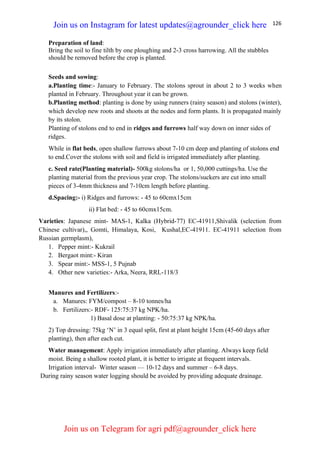 126
Preparation of land:
Bring the soil to fine tilth by one ploughing and 2-3 cross harrowing. All the stubbles
should be removed before the crop is planted.
Seeds and sowing:
a.Planting time:- January to February. The stolons sprout in about 2 to 3 weeks when
planted in February. Throughout year it can be grown.
b.Planting method: planting is done by using runners (rainy season) and stolons (winter),
which develop new roots and shoots at the nodes and form plants. It is propagated mainly
by its stolon.
Planting of stolons end to end in ridges and furrows half way down on inner sides of
ridges.
While in flat beds, open shallow furrows about 7-10 cm deep and planting of stolons end
to end.Cover the stolons with soil and field is irrigated immediately after planting.
c. Seed rate(Planting material)- 500kg stolons/ha or 1, 50,000 cuttings/ha. Use the
planting material from the previous year crop. The stolons/suckers are cut into small
pieces of 3-4mm thickness and 7-10cm length before planting.
d.Spacing:- i) Ridges and furrows: - 45 to 60cmx15cm
ii) Flat bed: - 45 to 60cmx15cm.
Varieties: Japanese mint- MAS-1, Kalka (Hybrid-77) EC-41911,Shivalik (selection from
Chinese cultivar),, Gomti, Himalaya, Kosi, Kushal,EC-41911. EC-41911 selection from
Russian germplasm),
1. Pepper mint:- Kukrail
2. Bergaot mint:- Kiran
3. Spear mint:- MSS-1, 5 Pujnab
4. Other new varieties:- Arka, Neera, RRL-118/3
Manures and Fertilizers:-
a. Manures: FYM/compost – 8-10 tonnes/ha
b. Fertilizers:- RDF- 125:75:37 kg NPK/ha.
1) Basal dose at planting: - 50:75:37 kg NPK/ha.
2) Top dressing: 75kg ‘N’ in 3 equal split, first at plant height 15cm (45-60 days after
planting), then after each cut.
Water management: Apply irrigation immediately after planting. Always keep field
moist. Being a shallow rooted plant, it is better to irrigate at frequent intervals.
Irrigation interval- Winter season –– 10-12 days and summer – 6-8 days.
During rainy season water logging should be avoided by providing adequate drainage.
Join us on Instagram for latest updates@agrounder_click here
Join us on Telegram for agri pdf@agrounder_click here
 