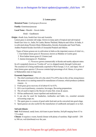 129
2. Lemon grass:
Botanical Name: Cymbopogon flexuosus
Family: Gramineae/poaceae
Local Name:- Marathi – Gavati chaha
Hindi – Gandhaturn
Origin: -South Asia, South-East Asia and Australia.
Lemon grass is aromatic tall sedge. Grown in many parts of tropical and sub-tropical
South East Asia viz., India, Sri Lanka, Burma Thailand, Malaysia and Africa. In India, it
is cultivated along Western Ghats (Maharashtra, Kerala), Karnataka and Tamil Nadu,
Andhra Pradesh besides foot-hills of Arunachal Pradesh and Sikkim.
Types of lemon grasses are in cultivation in India as the important sources of citral viz.,
1. East Indian lemon grass (C.flexuosus), known as Malabar or Cochin grass
2. West Indian lemon grass (C.Citrates) and
3. Jammu lemongrass (C. Pendulus)
C. Flexuosus grown commercially in Kerala and nearby adjacent states.
Its oil is popularly known as “Cochin oil” as it is shipped mainly through Cochin port.
The essential oil is being traditionally exported to West Europe, U.S.A. and Japan. Out of
three lemon grass species C flexuosus contain high percentage of oil. Hence, it is grown
in Maharashtra state on large area.
Economic Importance:
1. The chief constituent of the oil is the citral (75 to 85%) due to this oil has strong lemon-
like aroma.it is a starting material for manufacture of ionones, which produces synthetic
vitamin – A.
2. Fresh grass gives recovery of oil about 0.3 to 0.5%.
3. Oil is use in perfumery, cosmetics, beverages, flavouring preparations.
4. The oil used to improve the flavour of some fish, wines & sauces.
5. Oil has antibacterial, insect repellent and medicinal uses.
6. It can also be used for headaches, toothaches and baths viz., essential aromatic
oil/scenting soaps etc.
7. The spent grass is a source of good cattle feed and can be converted into good silage.
8. Spent grasses are also useful for the manufacture of cardboards and papers or as fuel.
Soil and climate:
Soil: Well-drained, sandy loam, rich loam to poor laterites, Soil pH ranging from 4.5 to
7.5 is ideal.
Climate: It requires a warm, humid climate with plenty of sunshine. High rainfall – 250
to 300 cm, well distributed over the year.
Join us on Instagram for latest updates@agrounder_click here
Join us on Telegram for agri pdf@agrounder_click here
 