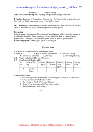 145
40kgN/ha -after Ist cutting
After care/Interculturing: One weeding 30days after sowing is sufficient.
Irrigation- Irrigation at 10days interval is necessary for better yields. Irrigation is must
after each cut. Total water requirement of oat is 10.03 hacm
Mix Cropping:- A mix cropping of beans if sown along with oats enhances the feeding
value of the fodder and this is a common practice in many places.
Harvesting:
Oats harvested First cutting at 50-55days and second cutting 35days after first cutting or
at mid-flowering (50% flowering) stage. Cutting should be done at 10cm above the
ground level. This helps to increase total green forage as well as quality fodder.
Green forage yield:- 500-600q/ha (from two cuttings).
Question bank
Q.1.Write the cultivation of oats on following points.
a. Varieties b. Soil & climate requirement c. Seeds and sowing
d. Manures and fertilizers e. After care d.Harvesting and yield
Q.2. Prepare leaflet on fodder oat cultivation.
Q.3 Complete the following table
Sr.
No
Name of the
crop
Seed rate
Kg/ha
Improved
Variety
Fertilizer
NPK
kg/ha
Sowing
time
Spacing
(cm)
1. Oat for
forage
Q.4.Fill in the blanks
a. Oat is dual purpose crop used for fodder and grain cultivated in rabi season.
b. Crude protein content of oat is 9-10%.
c. Oat belongs to family Gramineae/Poaceae.
d. Origin of oat is Asian origin (Asia Minor region).
e. Botanical name- Avena sativa L.
***
Join us on Instagram for latest updates@agrounder_click here
Join us on Telegram for agri pdf@agrounder_click here
 