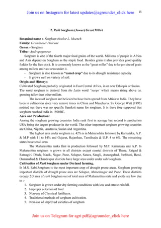 15
2. Rabi Sorghum (Jowar) Great Millet
Botanical name :- Sorghum bicolor L. Moench
Family: Gramineae/ Poaceae
Genus:- Sorghum
Tribe:- Andropogoneae
Sorghum is one of the fourth major food grains of the world. Millions of people in Africa
and Asia depend on Sorghum as the staple food. Besides grain it also provides good quality
fodder for the live stock. It is commonly known as the “great millet” due to larger size of grain
among millets and vast area under it.
- Sorghum is also known as “camel crop” due to its drought resistance capacity
- It grows well on variety of soil.
Origin and History:-
Cultivated Sorghum probably originated in East Central Africa, in or near Ethiopia or Sudan.
The word sorghum is derived from the Latin word “sargo’ which means rising above i.e.
growing taller than other millets.
The races of sorghum are believed to have been spread from Africa to India. They have
been in cultivation since very remote times in China and Manchuria. Sir George Watt (1893)
pointed out there was no specific Sanskrit name for sorghum. It is there fore supposed that
sorghum reached India in 1500BC.
Area and Production:
Among the sorghum growing countries India rank first in acreage but second in production
USA being the largest producer in the world. The other important sorghum growing countries
are China, Nigeria, Australia, Sudan and Argentina.
The highest area under sorghum i.e. 42% is in Maharashtra followed by Karnataka, A.P.
& M.P with 11 to 14% and Gujarat, Rajasthan, Tamilnadu & U.P. 4 to 6%. The remaining
states have small area.
The Maharashtra ranks first in production followed by M.P. Karnataka and A.P. In
Maharashtra sorghum is grown in all districts except coastal districts of Thane, Raigad &
Ratnagiri. Dhule, Nazik, Nagar, Pune, Solapur, Satara, Sangli, Aurangabad, Parbhani, Beed,
Osmanabad & Chandrapur districts have large area under under rabi sorghum.
Cultivation of Rabi Sorghum under Dryland farming.
In M.S. Rabi Sorghum is the most important crop of drought prone areas. Sorghum growing
important districts of drought prone area are Solapur, Ahmednagar and Pune. These districts
occupy 2/3 area of rabi Sorghum out of total area of Maharashtra state and yields are low due
to :-
1. Sorghum is grown under dry farming conditions with low and erratic rainfall.
2. Improper selection of land
3. Non-use of Chemical fertilizers.
4. Traditional methods of sorghum cultivation.
5. Non-use of improved varieties of sorghum
Join us on Instagram for latest updates@agrounder_click here
Join us on Telegram for agri pdf@agrounder_click here
 