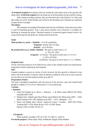 21
In irrigated sorghum harvesting is done by cutting the entire plant close to the ground with
sharp sickle. In Hybrid sorghum first ear heads are cut & then plants are harvested by cutting.
After cutting or pulling of plants, they are allowed to dry in the field for 2 to 3 days and
then stalks are tied in small bundles and carried to the threshing yard. Earheads are separated
& again dried in sunlight.
Threshing:-
The earheads are trampled (Threshed) under the feet of bullocks. Some time stone roller
is used for threshing purpose. Now a days power thresher cum winnowers is available for
threshing & cleaning the grains. Threshed material is winnowed against natural wind or by
using winnowing fan and grains are cleaned, dried and stored.
Yield:
Main produce i.e. grain :- Rainfed:- 15 to 20 quintals/ha
Irrigated:- Variety 30 to 35 Q/ha
Hybrid:- 45 to 50 Q/ha
By produce(Stover) i.e. Kadbi:- Rainfed:- The grain to kadbi ratio is 1:2
i.e. 30 to 40 Q/ha
Irrigated:- (i) Variety:- The grain to kadbi ratio is 1:2.5 to 3
i.e. 90 to 105 Q/ha
(ii) Hybrid:- The grain to stover ratio is 1:1 i.e. 50Q/ha.
Irrigated crop:-
All the cultivation practices to be followed are same as like rainfed except soil requirements,
preparation of land, manuring & and irrigation
Soil:-
Irrigated sorghum is grown on variety of soils; however, the best growth is obtained in clay
loams with well drained. It tolerates saline & alkaline conditions of the soil to some extent &
can also thrive in soil with medium acidity up to pH 5.5
Preparation of land:-
The land is ploughed immediately after the harvest of the previous crop with mould board
plough to a depth of 15 to 20 cm. followed by 2-3 cross harrowing.
Varieties :
1. Rainfed:-
1. Light Soil (Depth up to 30cm) :- Selection – 3 & Phule mauli (RSLG-262) Phule
anuradha (RSV-458)
2. Medium Soil:- (Depth upto 60cm) Phule mauli (RSLG-262, Phule chitra (SPV – 1546)
Phule Suchitra CSV-14R, Parbhani moti (SPV – 1411), Maldandi – 35-1
3. Heavy soil (Depth above 60cm):- Improved variety:- Vasudha – (RSV-423), Phule
Yashoda (SPV-1359), Phule Revati, CSV-18, PKV Kranti
Hybrid: CSH-15-CSH-19,CSV-18
2.Irrigated:-
Phule yashoda, Vasudha, CSV-22, CSV-18, CSH-15., CSH-19.
For hurda purpose:- Phule uttara, Wani, Gulbhendi, Dagadi, Phule Madhur
Join us on Instagram for latest updates@agrounder_click here
Join us on Telegram for agri pdf@agrounder_click here
 